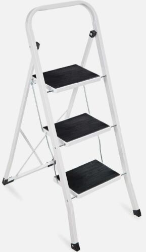3 Step Ladder Folding Sturdy Lightweight Portable Step Stool for Kitchen, Bedroom, Home w/Non-Slip Rubber Feet, Padded Platforms Pads, 330lb Capacity - White