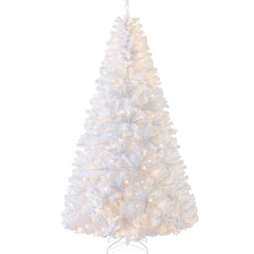 Pre-Lit Hinged Artificial White Pine Christmas Tree w/ Lights, Metal Stand