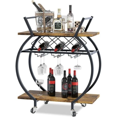 2 Tiers Rolling Bar Serving Cart with Wine Rack