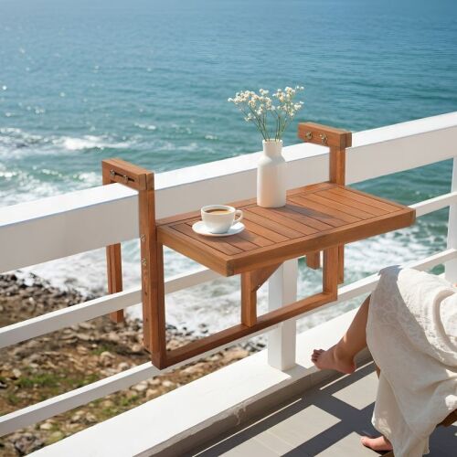 Adjustable Acacia Wood Folding Balcony Railing Table