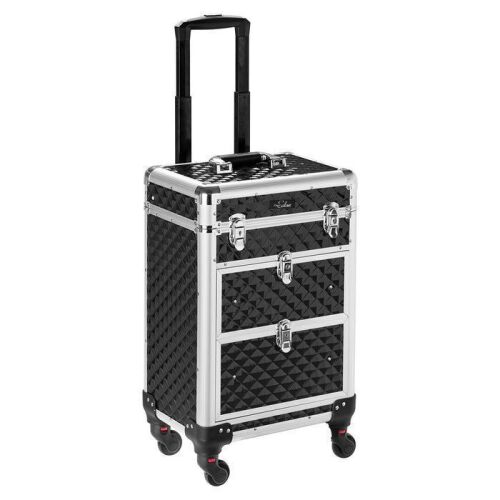 Omysalon Aluminum Rolling Makeup Train Case with 2 Sliding Drawers & Diamond Texture