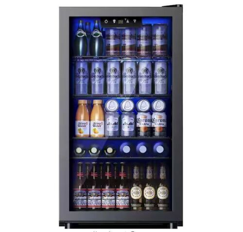 17.3 in.W Single Zone 130-Cans Freestanding Beverage Refrigerator Cooler in Black, Reversible Door