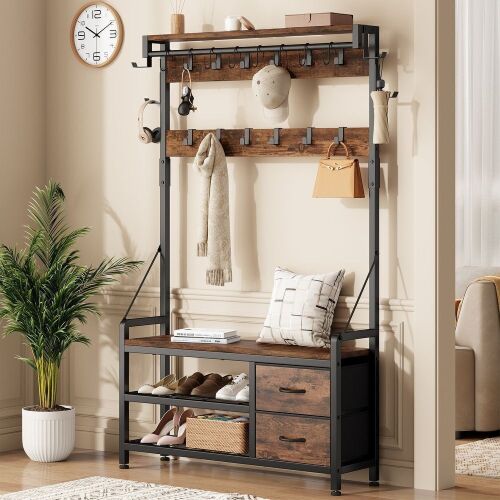 39.4" Hall Tree with Bench Entryway Shoe Rack w/24 Hooks & 2 Drawers