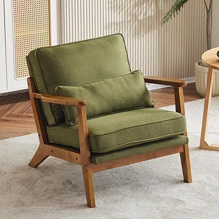 Mid-Century Linen Fabric Armchair with Lumbar Pillow & Solid Wood Frame