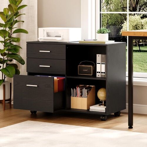 VINGLI 3 Drawer Wood Lateral File Cabinet with Adjustable Shelves & Locking Wheels