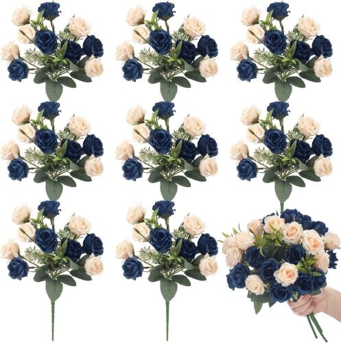 8 Pack 12 Inch Dark Blue and Champagne Artificial Rose Bouquets