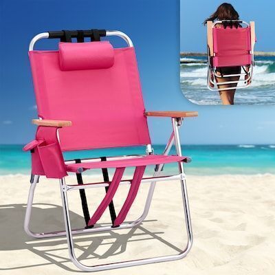 VINGLI 17-in Beach Chair with 3-Position Cooler Bag Cup Holders Pink