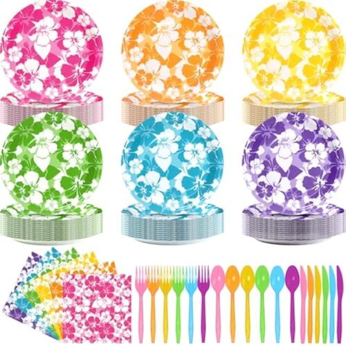 240 Pcs Hibiscus Party Plates Napkins Hawaiian Theme Tableware Set, Serve 48 Guests