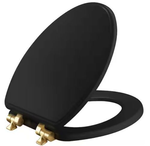 BEMIS Weston Elongated Soft-Close Never-Loosens Brushed-Gold-Hinge Enameled Wood Toilet Seat in Black
