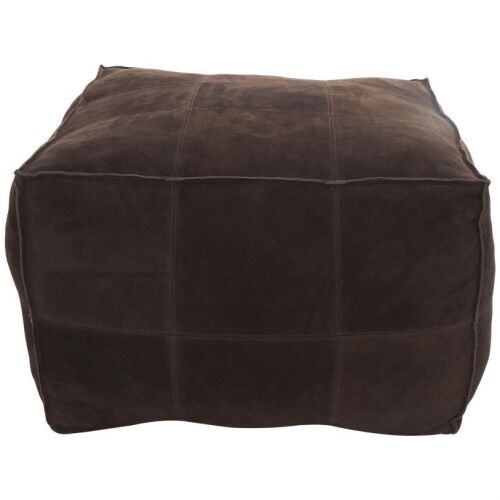UMA Dark Brown Leather Low Profile Square Room Pouf with Patchwork Design, 28" x 28" x 19"