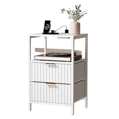 VINGLI 15W x 23.7H Fluted Nightstand with 2 Drawers 1 Shelf and Charging Station
