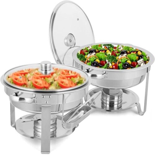 ROVSUN 5 QT Round Silver Chafing Dish Buffet Set with Glass Lid & Holder, 2 Pack