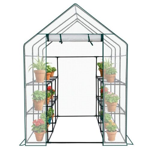 56"x56" Walk-In Greenhouse with 8 Shelves, PE Cover, Zippered Door, Vent Window, Sturdy Frame