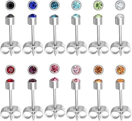 Stainless Steel Ear Piercing Stud Earrings for Piercing Guns Surgical Steel Round CZ Birthstone Stud Earrings Set 12 Pairs
