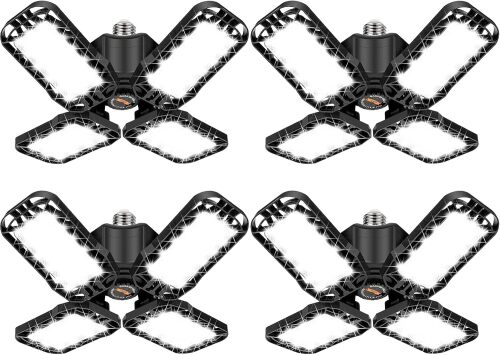 Tudoccy LED Garage Light 4 Pack, 120W Ultra Bright LED Shop Light with 4 Adjustable Panels, 18000LM E26/E27 Base Deformable Ceiling Fixtures for Garage, Workshop, Attic, Basement, Barn (Black-4 Pack)