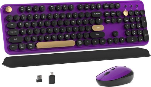 MPTOG Colorful Wireless Computer Keyboard and Mouse Combo with Round Typewriter Keycaps, Retro Design, Power Switch, Ergonomic Design, 2.4GHz Wireless for Windows, Mac, PC(Black-Purple)