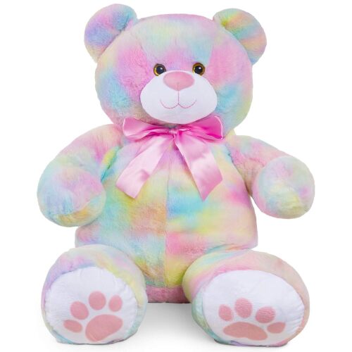 35in Giant Super Soft Plush Cuddly Teddy Bear Stuffed Animal Toy for Bedroom, Kids Playroom w/Bow Tie, Footprints - Pastel