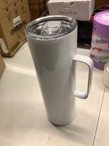 Set of Double Wall Vacuum Insulated Skinny Tumbler with Handle - Tall & Slim Stainless Steel Drink Canister for Water, Coffee, Soda, Tea, 20oz, White