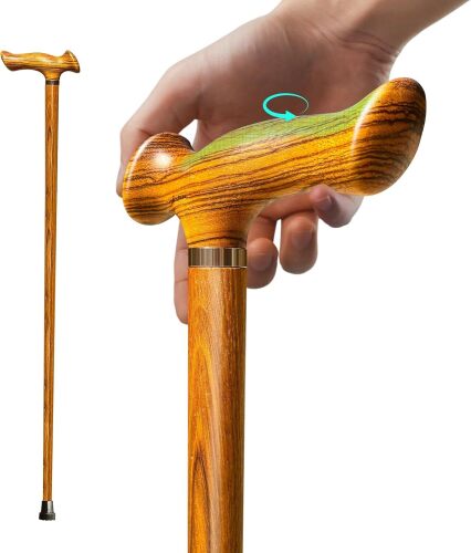 Ergonomic Wooden Walking Cane with All Day Comfort Grip Handcrafted Natural Solid Wood Canes for Men and Women Ultra Light Canes for Seniors Support up to 500 lbs with Cane Accessories