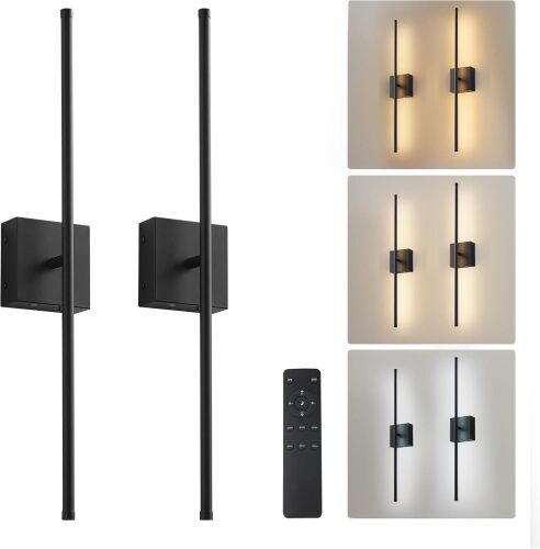 KARTOOSH Removable Battery Operated Wall Sconces with Remote Control, Stepless Colors 3000K-6000K & Dimming, 350°Rotate, LED Black Wireless Wall Light for Living Room, Bedroom, 28.3 Inch (2 Pack)