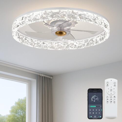 Fszdorj 20'' Ceiling Fan with Light, Upgraded Low Profile Ceiling Fan with Light, Dimmable Flush Mount Ceiling Fan with Light, Fan light, 6 Speeds, App & Remote Control, Quiet Fan for Bedroom, Kitchen