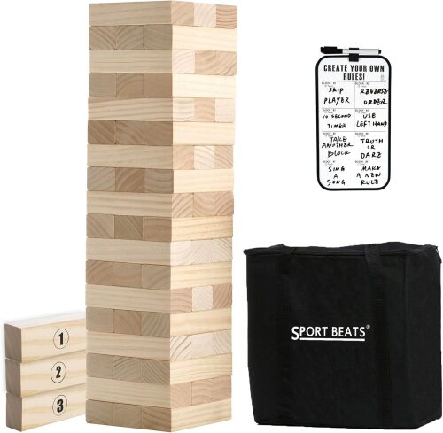 Outdoor Games Large Wooden Tower Stacking Game - 54 Premium Pine Blocks Stack up to 4FT with Custom Rules Board & Heavy Duty Carry Bag - Outdoor Lawn Games for Backyard Parties, Camping, Tailgating