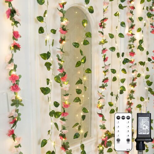 suddus 300 LED Artificial Flower Garland Pothos Vines Curtain Lights, Rose Vines Fairy Lights for Bedroom, Hanging String Lights for Wall, Room, Dorm, Wedding, Party, Indoor Decor