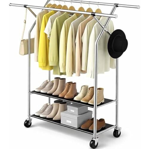 HAPPY CHEERS Heavy Duty Clothes Rack,Double Rods Clothing Rack For Hanging Clothes,Rolling Clothing Racks With Wheels,Metal Garment Rack For Bedroom Laundry Living Room,Silver