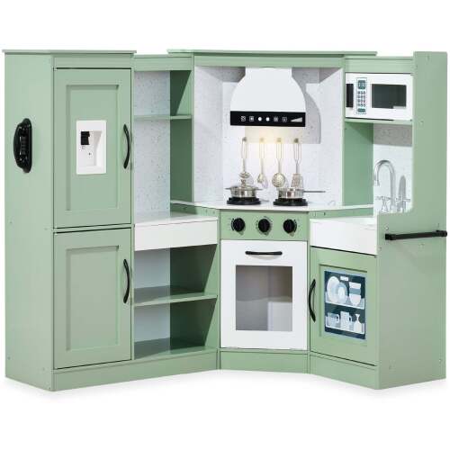 Pretend Play Corner Kitchen Wooden Toy Set for Kids w/ Lights, Sounds