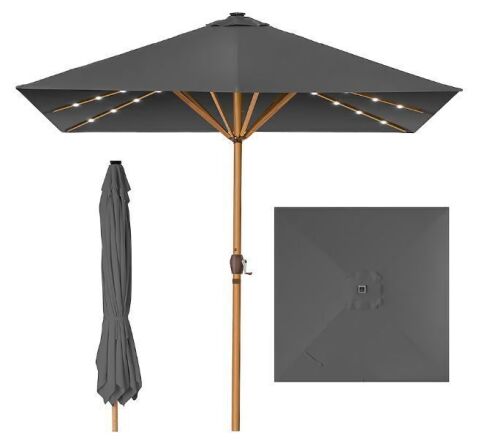 9ft Deep Square Solar LED Lighted Patio Umbrella w/ Woodgrain Pattern UV-Resistant