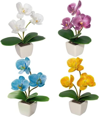 Mini Artificial Phalaenopsis Orchid Flowers - Set of 4 Real Touch Silk Plants in Ceramic Pots for Home and Office Decor, Bathroom, Living Room, Low-Maintenance and Long-Lasting