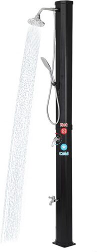 9.3 Gallon Solar Heated Outdoor Shower, 7.2FT Height, 360°Rotating Rainfall + 6FT Handheld Shower + Foot Faucet, Freestanding Black Poolside Shower with Hot & Cold Water Adjustment