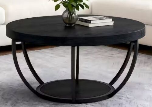 31.7 in. Farmhouse Black Round Wood Coffee Table with Storage