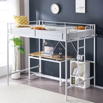 VINGLI 78L x 56W x 67H Full Size Metal Slat Loft Bed Frame with Flat Ladder Rung White