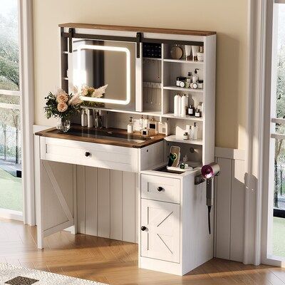VINGLI 42.5D x 54.3W x 15.7H Farmhouse Vanity Desk with Sliding HD Mirror and Lights, 2 Storage Drawers, White and Brown
