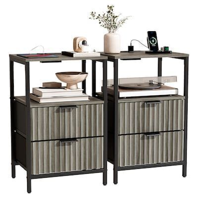 VINGLI 15W x 23.7H Fluted Nightstand with 2 Drawers 1 Shelf and Charging Station, 2 Pack