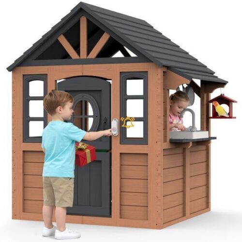 Wooden Playhouse with Play Kitchen, Working Doorbell, Bird Cage, Pet Door