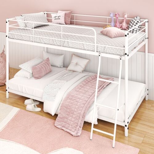 Metal Twin-Over-Twin Low Bunk Bed with Guardrails and Ladder