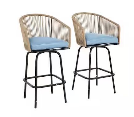 2-Piece All Weather Wicker Outdoor Serving Bar Set in Blue with Cushions, Armrests and Backrest