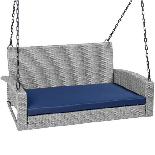 Woven Wicker Hanging Porch Swing Bench w/ Mounting Chains, Seat Cushion - Light Damage