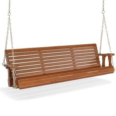 VINGLI 5 FT 3-Seater Brown Wooden Porch Swing with Hanging Chains