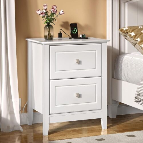 White Nightstand with Charging Station