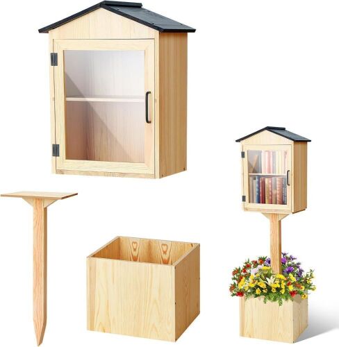 Wonderjune Little Library Box Outdoor with Floor Plugs & Flower Fence