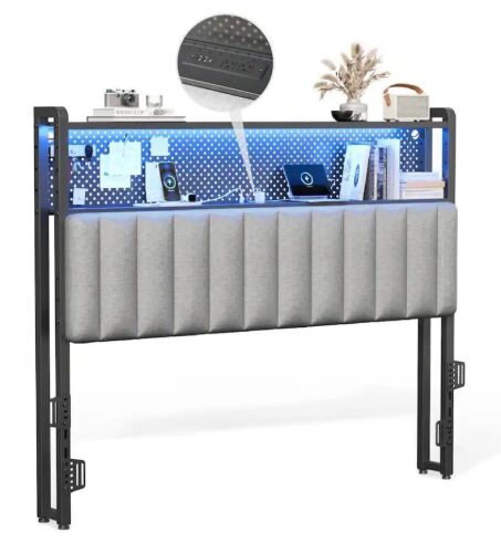 VINGLI Full Size Adjustable Linen Headboard with 2 Tier Shelves Charging Stations and LED Lights Dark Gray