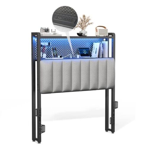 Twin Size Adjustable Upholstered Headboard with 2 Tier Shelves and Pegboard, Charging Stations, LED Lights