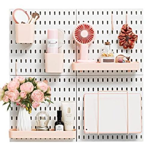 VUSIGN Pegboard Combination Wall Organizer, 4 Pieces Pegboards and 17 Accessories, 22" x 22", Pink