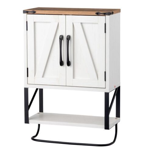 Farmhouse Bathroom Wall Cabinet, 2 Doors, 1 Shelf, 1 Towel Bar