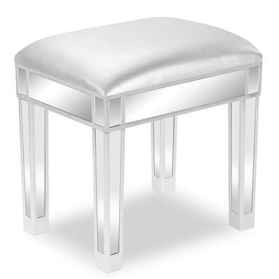 VINGLI Mirrored Vanity Stool with Storage/Faux Leather Ottoman Silver