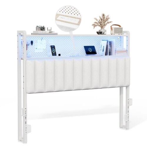 Full Size Adjustable Upholstered Headboard with 2 Tier Shelves and Pegboard with Charging Stations and LED Lights - White