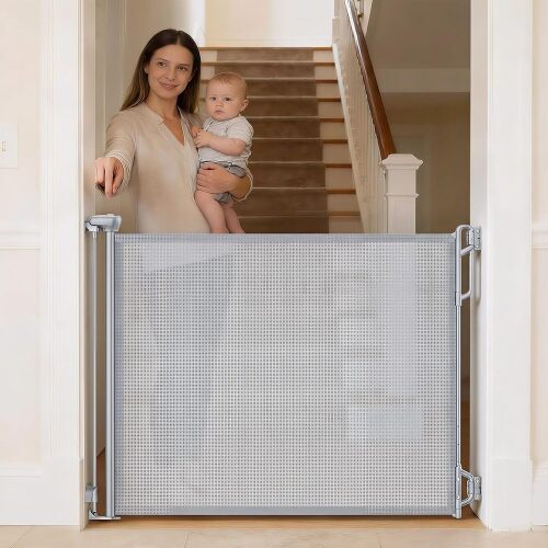 SPACEANY Retractable Baby Gate for Stairs & Doorways - 55" Wide Portable Safety Gate | Fits Baseboards, Easy to Use Indoor/Outdoor | Mesh Gate for Dogs, Puppies, Gray